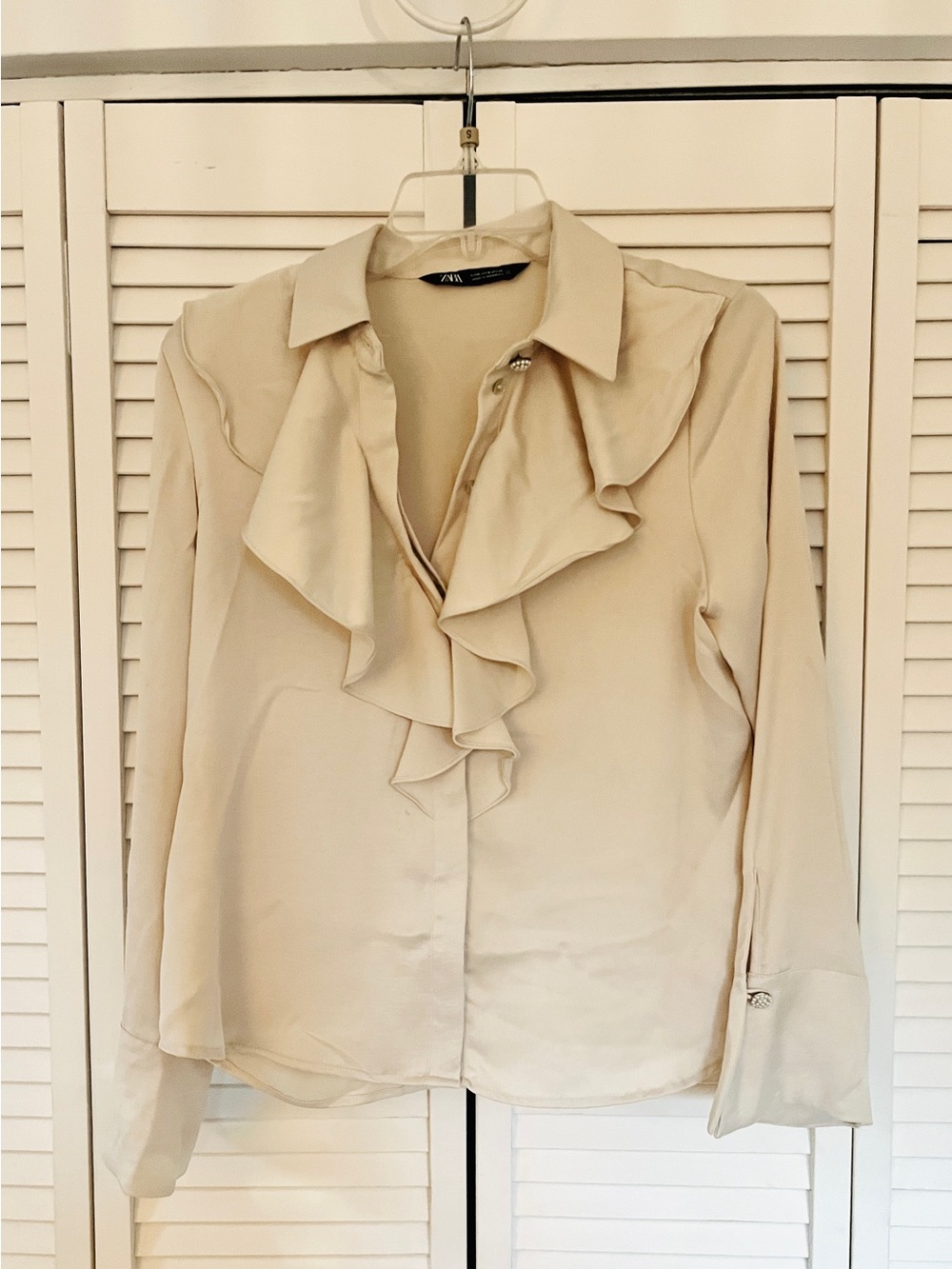 Zara Cream Ruffle Collar Button-Front Blouse